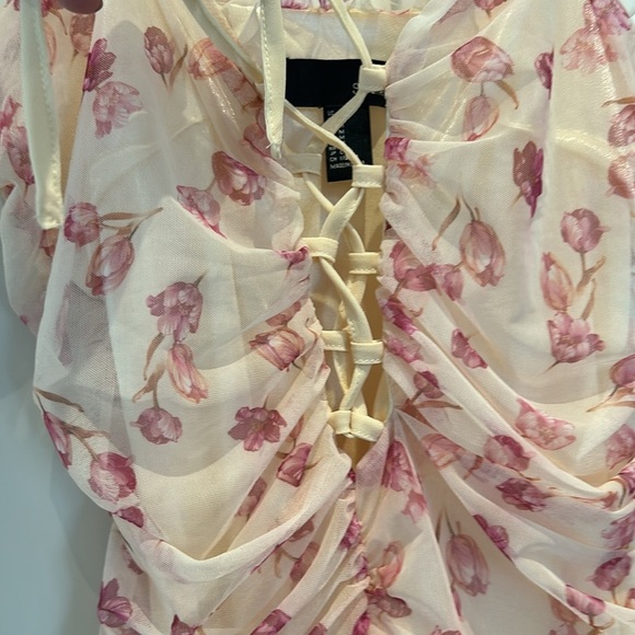 SBeteo Slip Lace Up Front Ruched Floral Mesh Mini Dress Women Size M - Picture 9 of 17